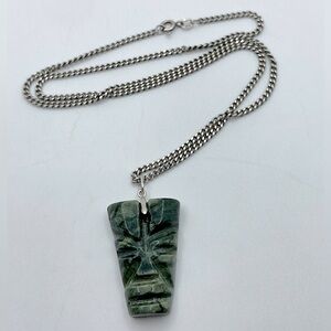 Vtg Sterling & Jade Green Stone Aztec Mayan Head Pendant w Chain 20” + 1.2”